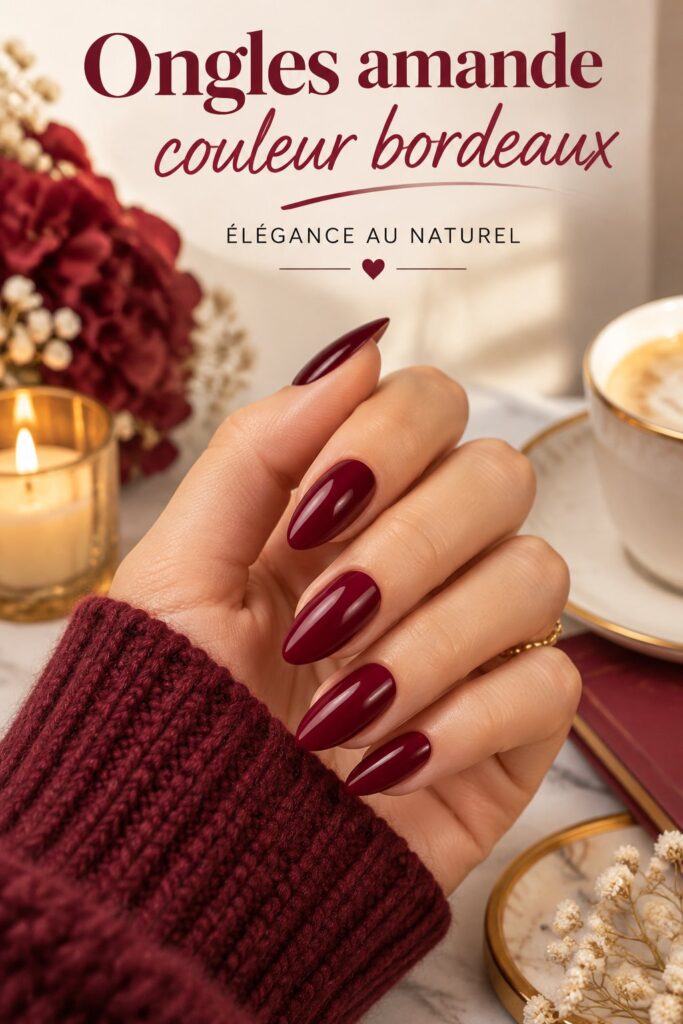 Ongles en amande couleur bordeaux, manucure élégante pour 2023