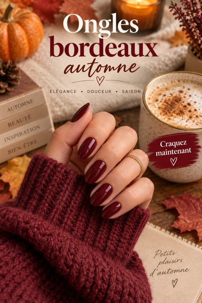 Manucure élégante avec des ongles bordeaux brillants, parfaits pour l'automne.