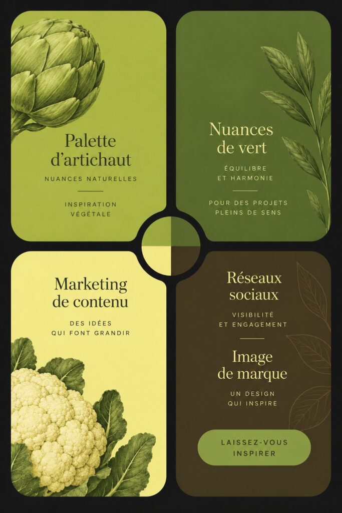 Palette de couleurs artichaut avec différentes nuances de vert dans un intérieur élégant