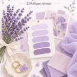 Aménagement intérieur avec des accents lilas et lavande, créant une atmosphère douce et accueillante.