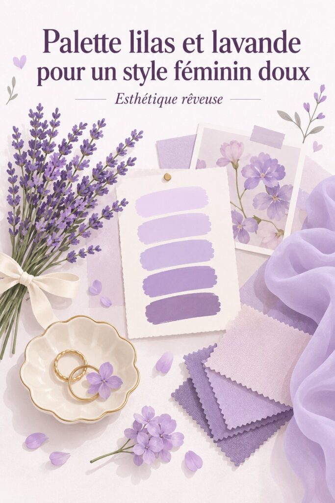 Aménagement intérieur avec des accents lilas et lavande, créant une atmosphère douce et accueillante.