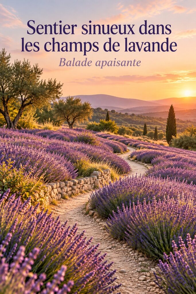 Un chemin sinueux à travers des champs de lavande en pleine floraison.
