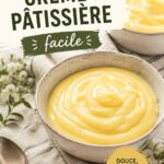 Recette de crème pâtissière faite maison, présentée dans un bol en céramique avec des ingrédients séparés.