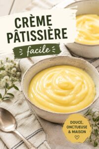 Recette de crème pâtissière faite maison, présentée dans un bol en céramique avec des ingrédients séparés.