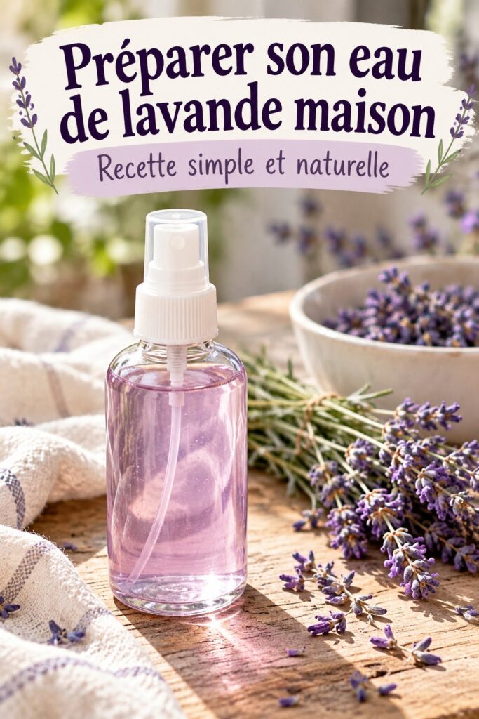 Eau de lavande maison dans un verre décoratif avec des fleurs de lavande