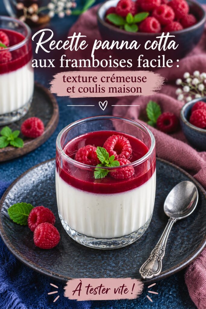Panna cotta aux framboises garnie de coulis frais sur une assiette élégante.