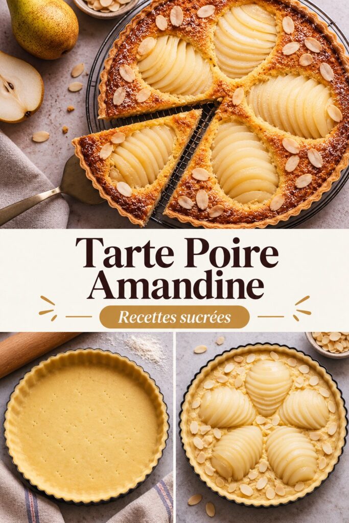 Tarte poire amandine bien dorée decorée avec des amandes effilées