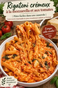 Un plat de rigatoni crémeux à la mozzarella et aux tomates généreusement garni