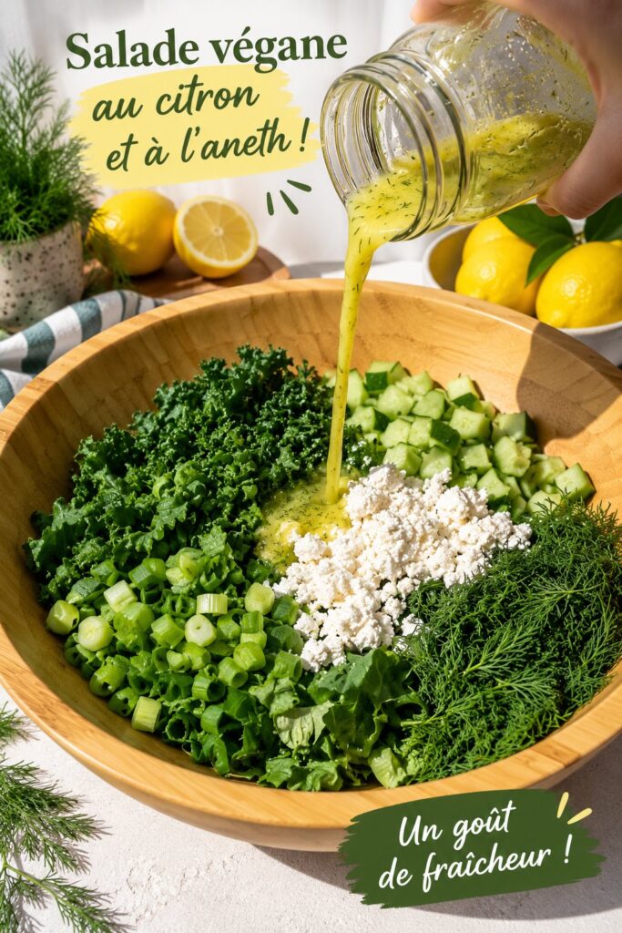 Salade vegan au citron et à l'aneth, serveuse garnie de légumes frais