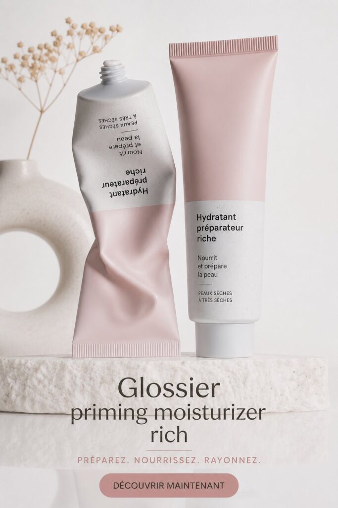 Une femme souriante appliquant un soin hydratant sur son visage, montrant une peau lumineuse et éclatante.