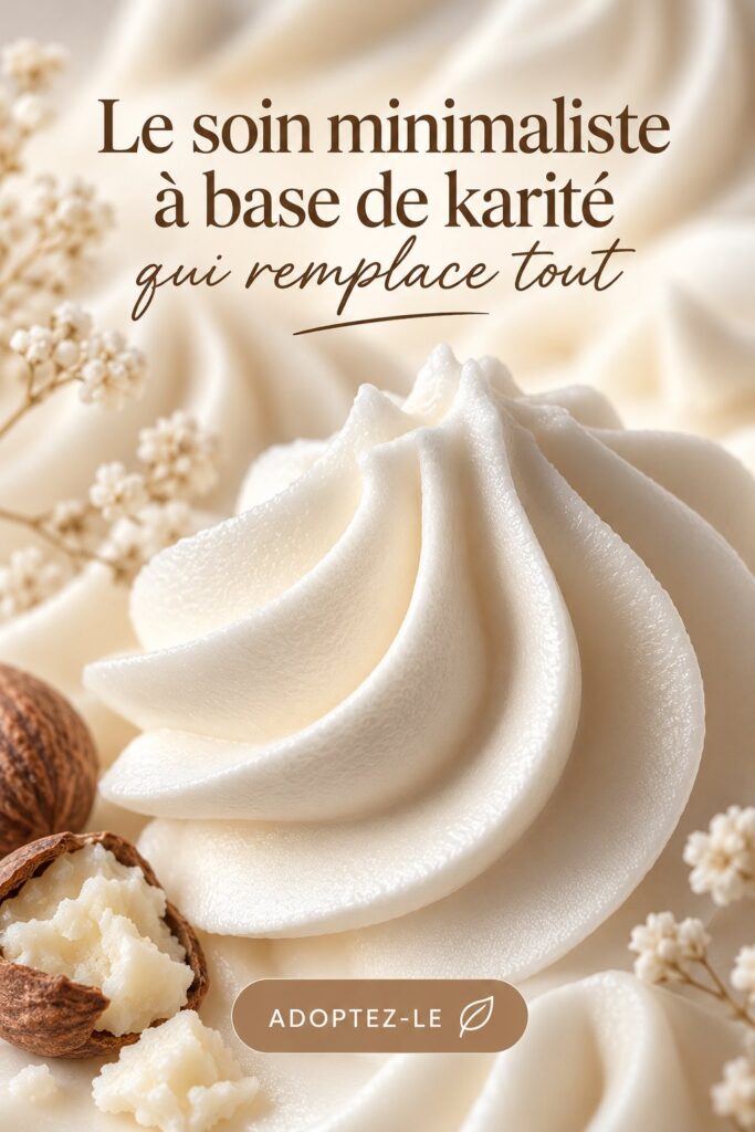 Un pot de crème au karité sur une table en bois avec des fleurs à côté.