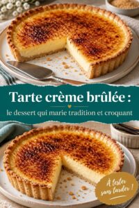 Tarte crème brûlée décorée de caramel doré sur un plat élégant