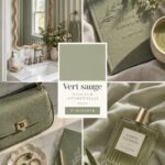 Un salon décoré avec des murs vert sauge et des accessoires en bois, créant une ambiance chaleureuse.