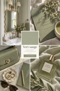 Un salon décoré avec des murs vert sauge et des accessoires en bois, créant une ambiance chaleureuse.