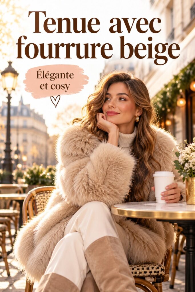 Femme élégante portant une tenue en fourrure beige, devant un paysage urbain