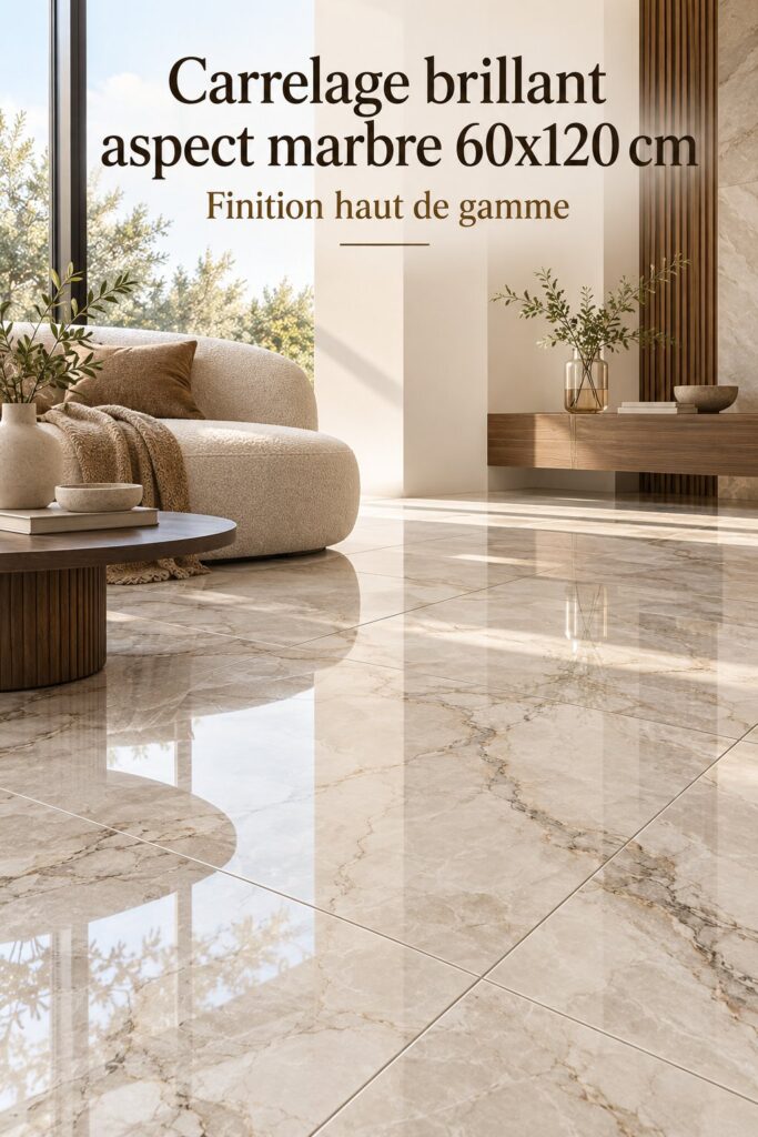 Carrelage effet marbre brun brillant dans un salon moderne.