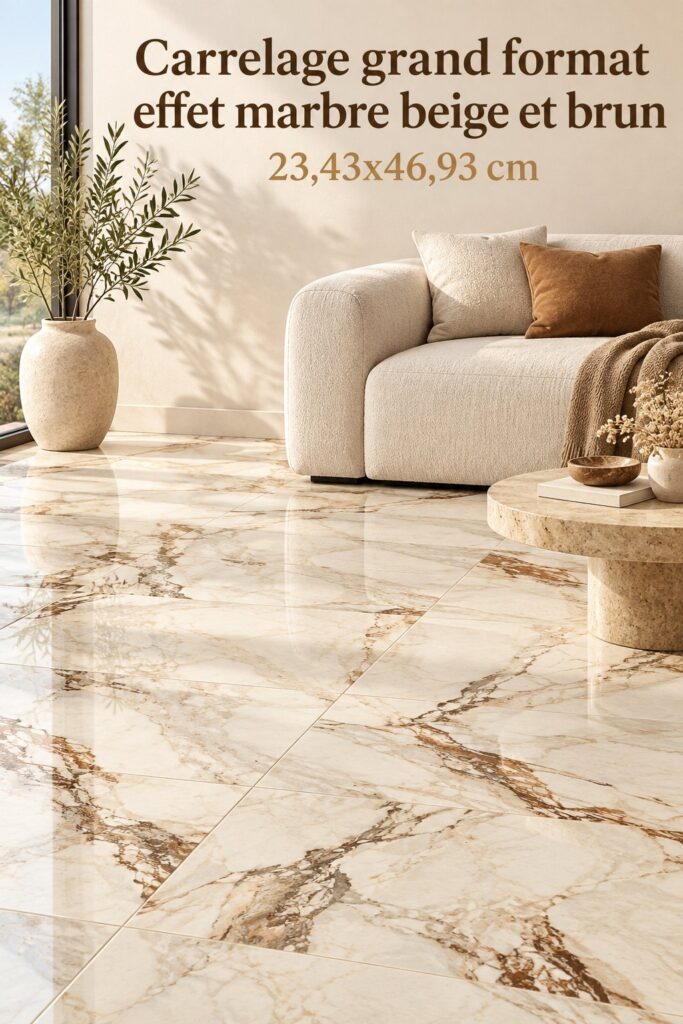 Carrelage grand format effet marbre beige et brun dans une pièce moderne