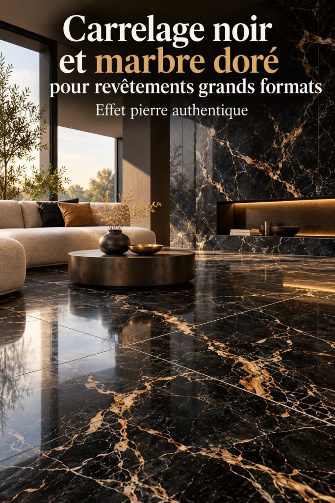 Exemple de carrelage noir et marbré doré pour un intérieur élégant.