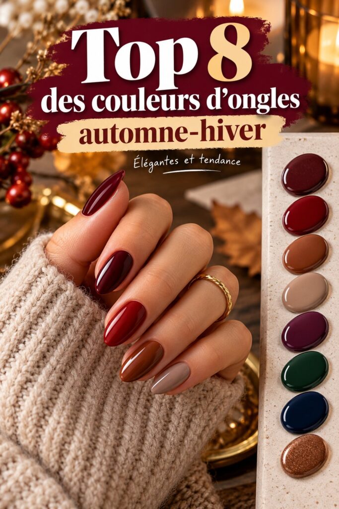 Palette de couleurs d'ongles tendances pour l'automne-hiver 2026-2027. Des teintes chaleureuses et élégantes.