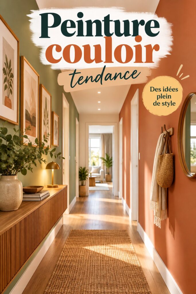 Couloir peint dans des couleurs tendance avec des éléments décoratifs chaleureux.