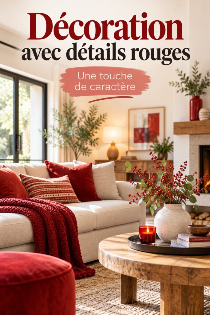 Salon avec des détails rouges élégants dans la décoration intérieure.