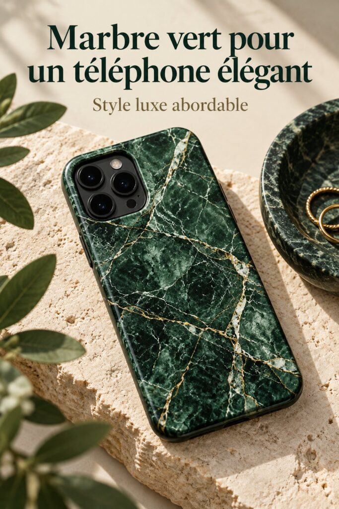 Coque élégante en marbre vert ornant un smartphone sur un fond chic.