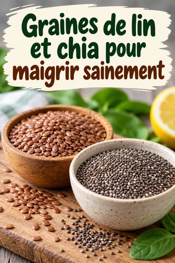 Un mélange de graines de lin et de chia préparé sur un plan de travail en bois.