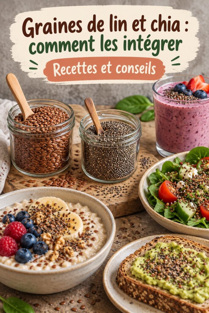 Un bol de graines de lin et de chia avec des fruits frais et des noix sur une table en bois.
