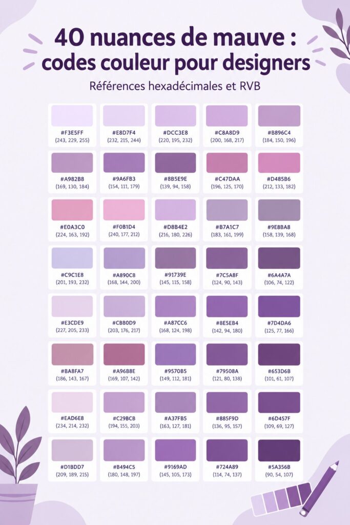Illustration montrant des nuances de mauve avec leurs codes couleur pour un design inspirant.