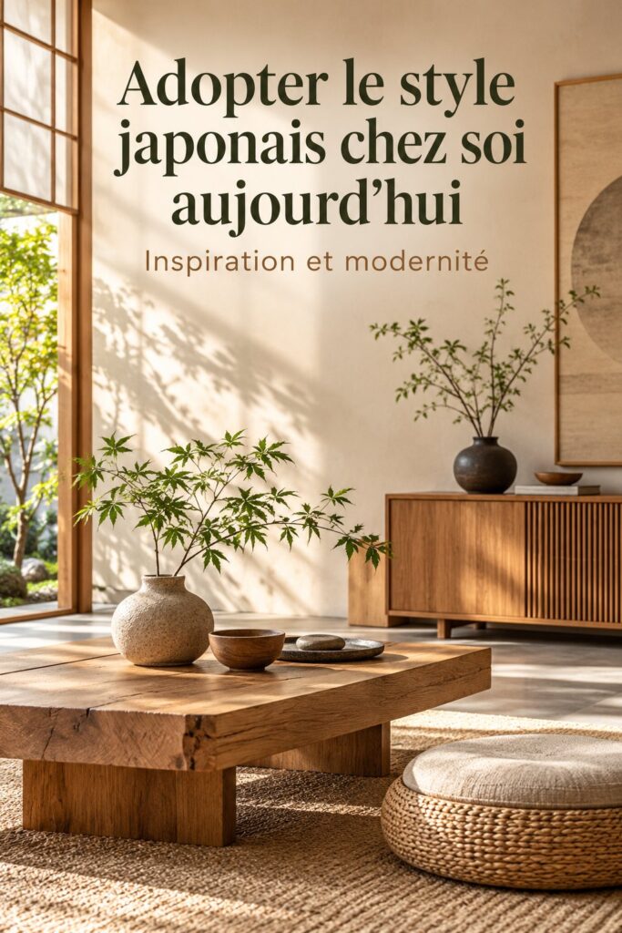 Salon moderne de style japonais avec des matériaux naturels et des couleurs apaisantes.