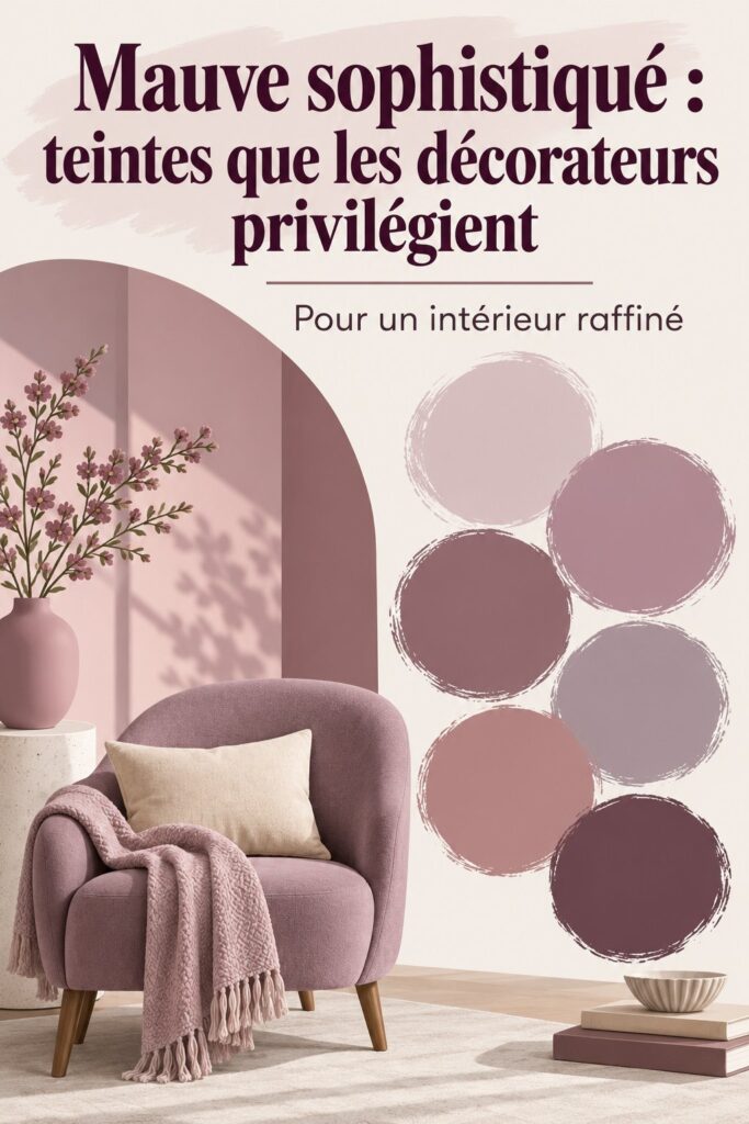 Un salon décoré avec différentes teintes de mauve, mettant en avant une ambiance chaleureuse et sophistiquée.