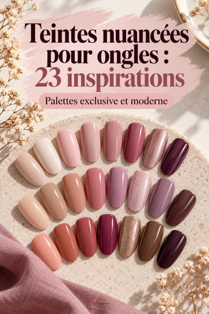 Exemple de manucure avec 23 teintes nuancées pour les ongles, affichant une palette colorée et élégante.