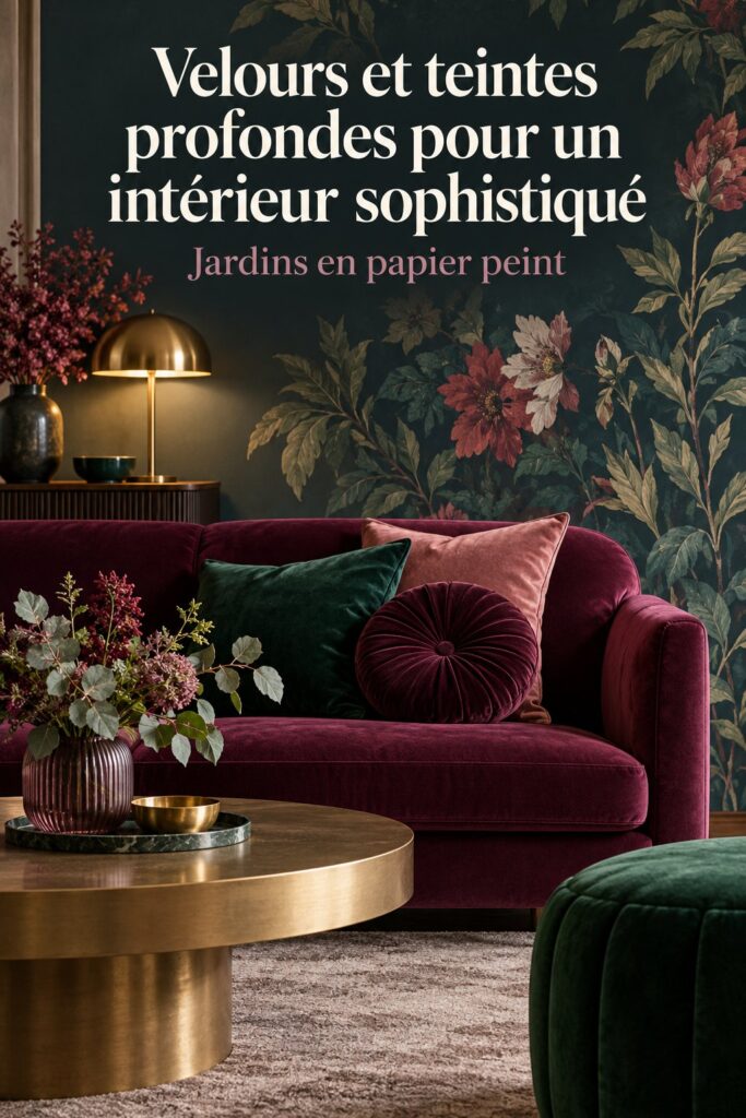 Intérieur élégant avec des tissus en velours et des couleurs profondes, créant une ambiance sophistiquée.